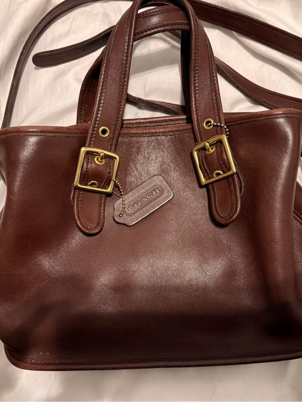 Coach Dark Brown Leather Shoulder Tote with Brass Hardware